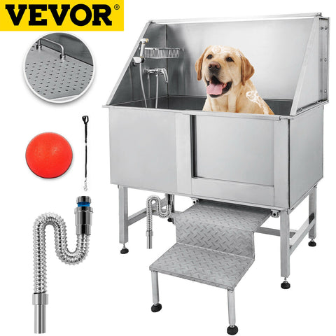 VEVOR 62 Inch Dog Grooming Tub Professional Stainless Steel Pet Dog Bath Tub With Steps Faucet &amp; Accessories Dog Washing Station