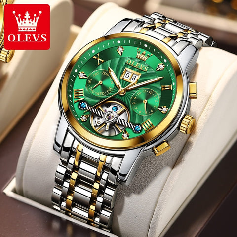 OLEVS Mens Watch Automatic Mechanical Tourbillon Slef-Wind Luxury Stainless Steel Waterproof Luminous Date Wrist Watch